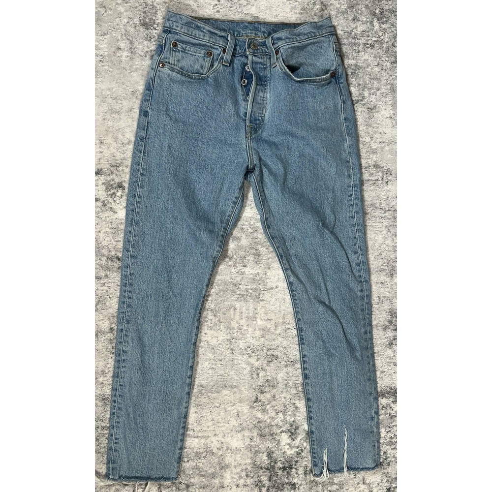 Levis 501 Skinny Filiforme Jeans Womens 27x28 Blue Denim Raw Frayed Hem Classic